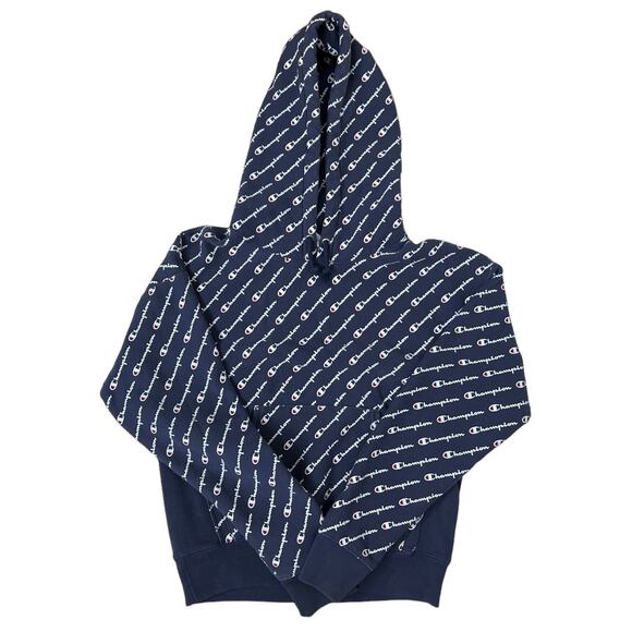 Champion Reverse Weave All Over Print Hoodie Blue White Small - Picture 12 of 12